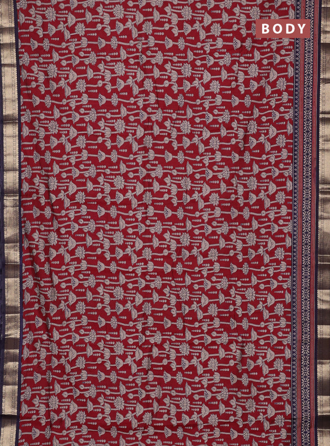 Semi maheswari cotton saree maroon and nany blue with allover kalamkari prints and zari woven border