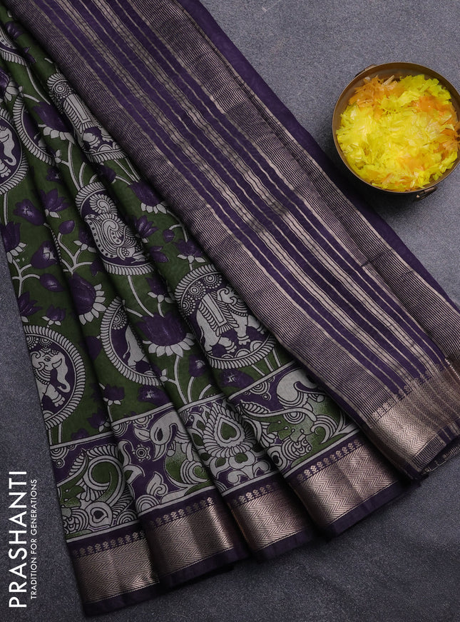 Semi maheswari cotton saree sap green and deep purple with allover kalamkari prints and zari woven border
