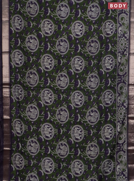 Semi maheswari cotton saree sap green and deep purple with allover kalamkari prints and zari woven border