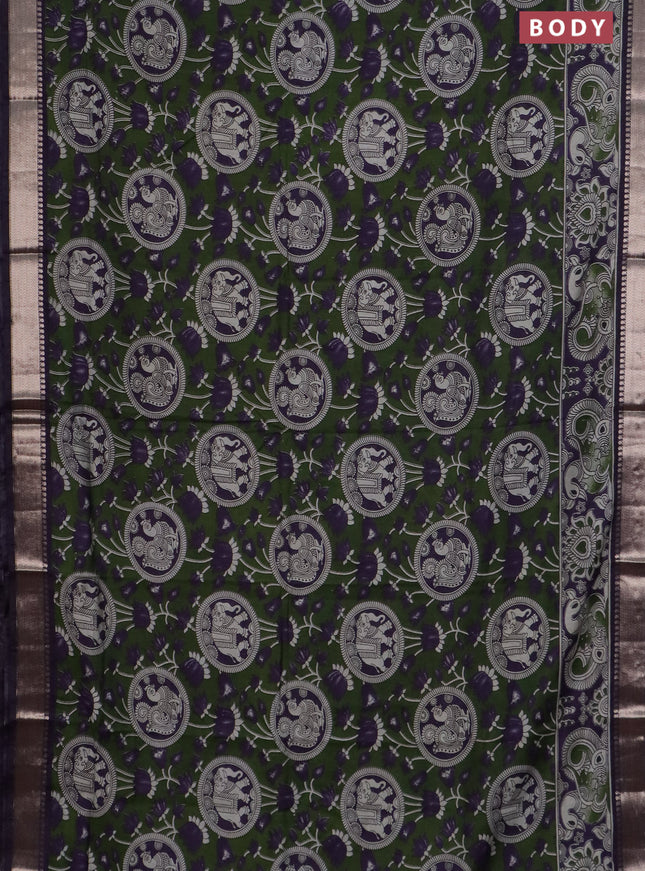 Semi maheswari cotton saree sap green and deep purple with allover kalamkari prints and zari woven border