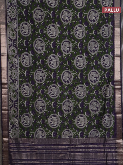 Semi maheswari cotton saree sap green and deep purple with allover kalamkari prints and zari woven border