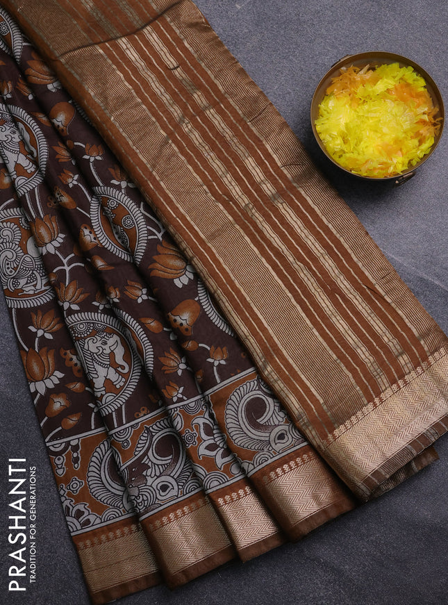 Semi maheswari cotton saree brown and dark mustard with allover kalamkari prints and zari woven border