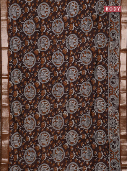 Semi maheswari cotton saree brown and dark mustard with allover kalamkari prints and zari woven border