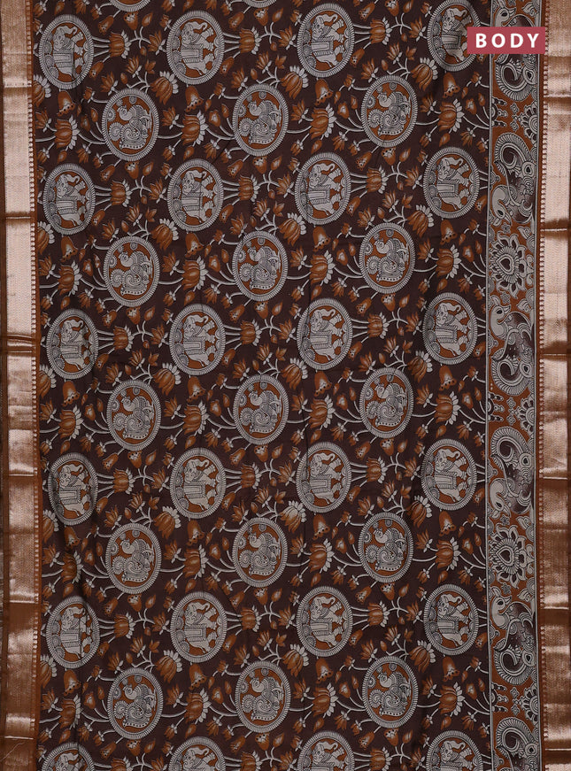 Semi maheswari cotton saree brown and dark mustard with allover kalamkari prints and zari woven border