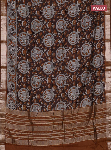 Semi maheswari cotton saree brown and dark mustard with allover kalamkari prints and zari woven border