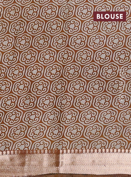 Semi maheswari cotton saree brown and dark mustard with allover kalamkari prints and zari woven border