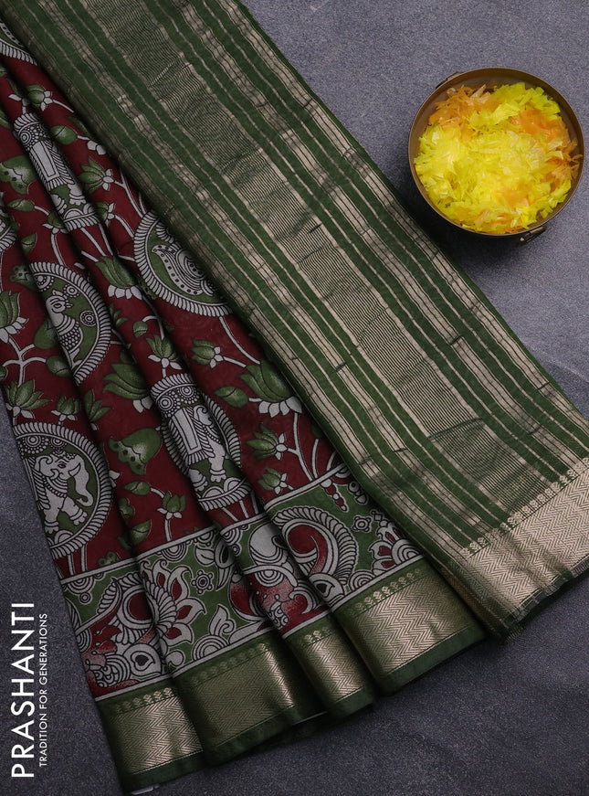 Semi maheswari cotton saree maroon and sap green with allover kalamkari prints and zari woven border