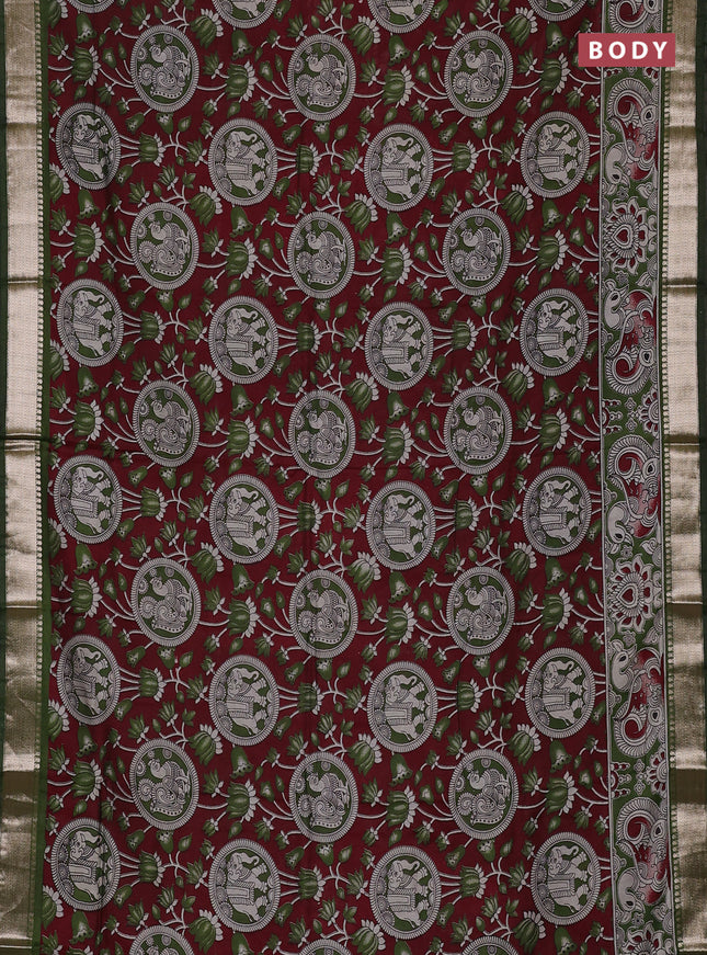 Semi maheswari cotton saree maroon and sap green with allover kalamkari prints and zari woven border