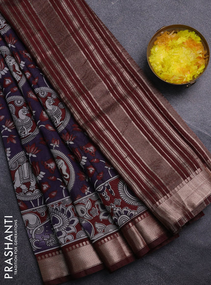 Semi maheswari cotton saree deep purple and maroon with allover kalamkari prints and zari woven border
