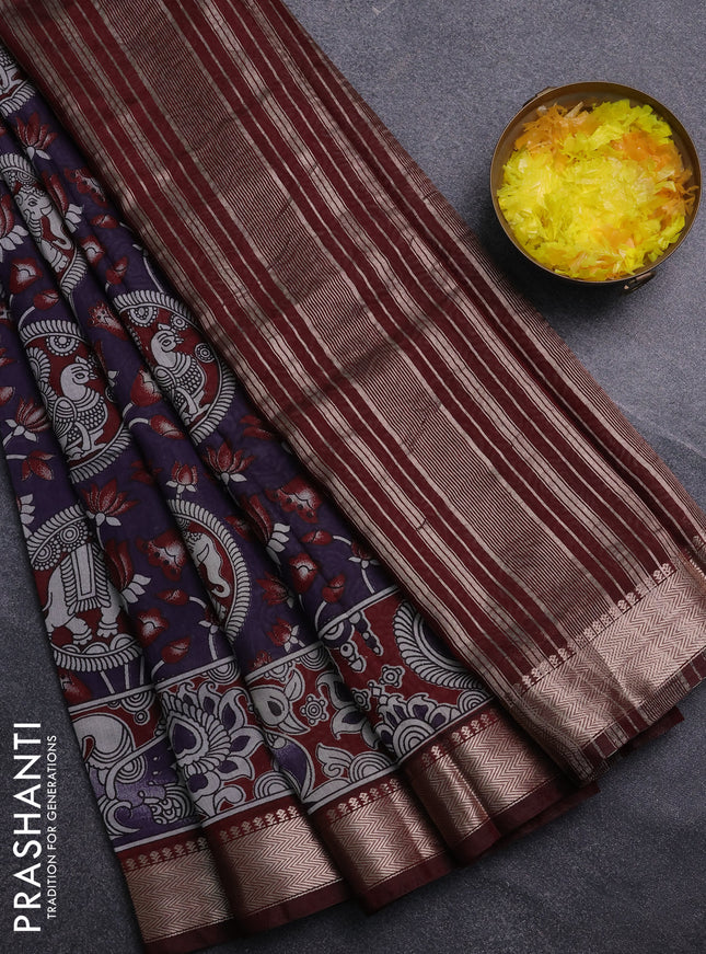 Semi maheswari cotton saree deep purple and maroon with allover kalamkari prints and zari woven border