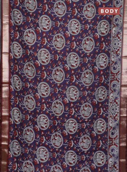 Semi maheswari cotton saree deep purple and maroon with allover kalamkari prints and zari woven border