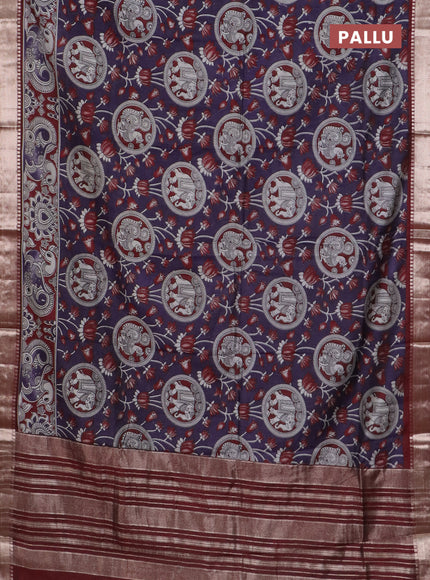 Semi maheswari cotton saree deep purple and maroon with allover kalamkari prints and zari woven border