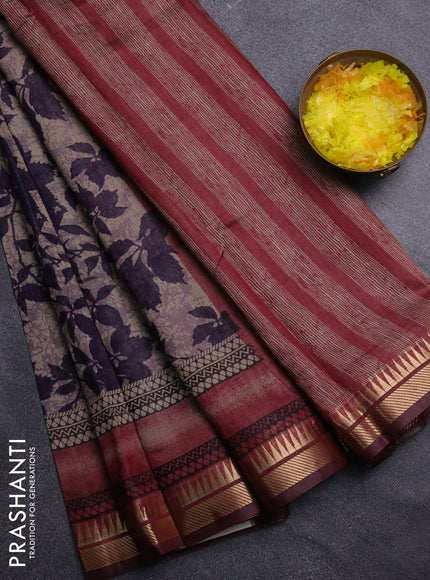 Semi maheswari cotton saree jamun shade and maroon with allover prints and zari woven border