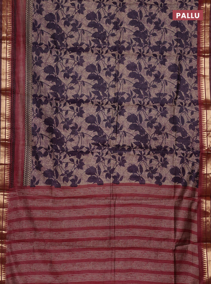 Semi maheswari cotton saree jamun shade and maroon with allover prints and zari woven border