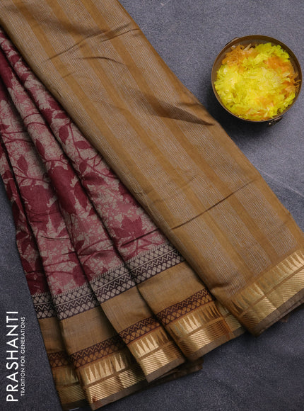 Semi maheswari cotton saree maroon and mustard yellow with allover prints and zari woven border