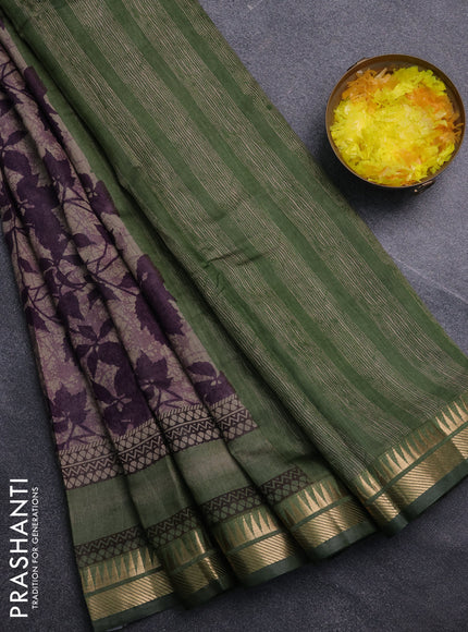 Semi maheswari cotton saree deep purple and sap green with allover prints and zari woven border