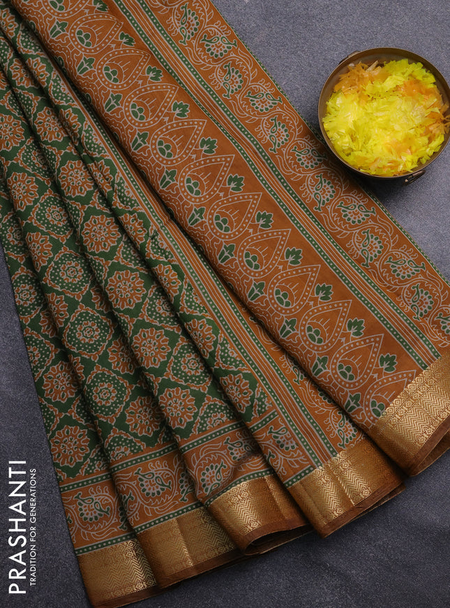 Semi maheswari cotton saree sap green and mustard yellow with allover prints and zari woven border