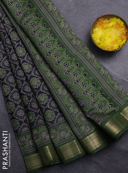 Semi maheswari cotton saree navy blue and sap green with allover prints and zari woven border