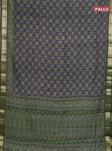 Semi maheswari cotton saree navy blue and sap green with allover prints and zari woven border
