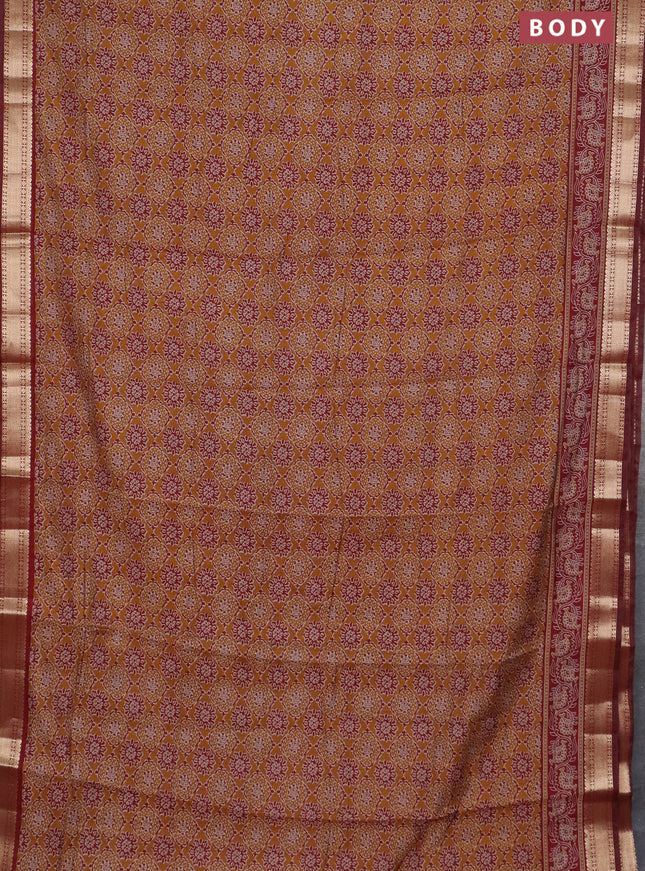 Semi maheswari cotton saree mustard yellow and deep maroon with allover prints and zari woven border