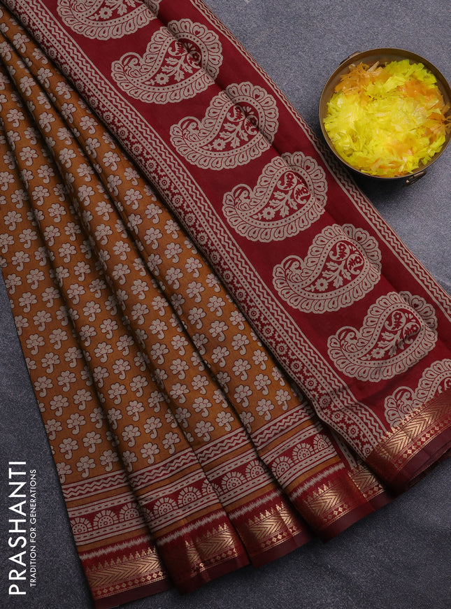 Semi maheswari cotton saree mustard yellow with allover butta prints and zari woven border