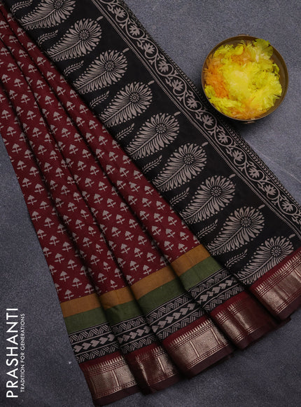 Semi maheswari cotton saree maroon with allover butta prints and zari woven border