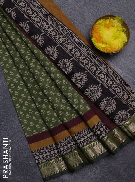 Semi maheswari cotton saree sap green with allover butta prints and zari woven border