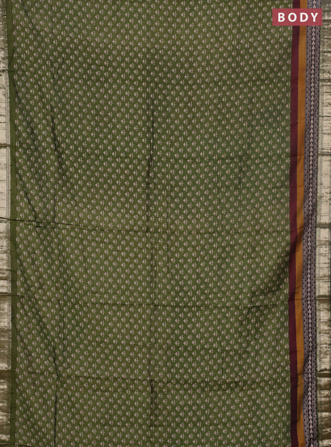 Semi maheswari cotton saree sap green with allover butta prints and zari woven border