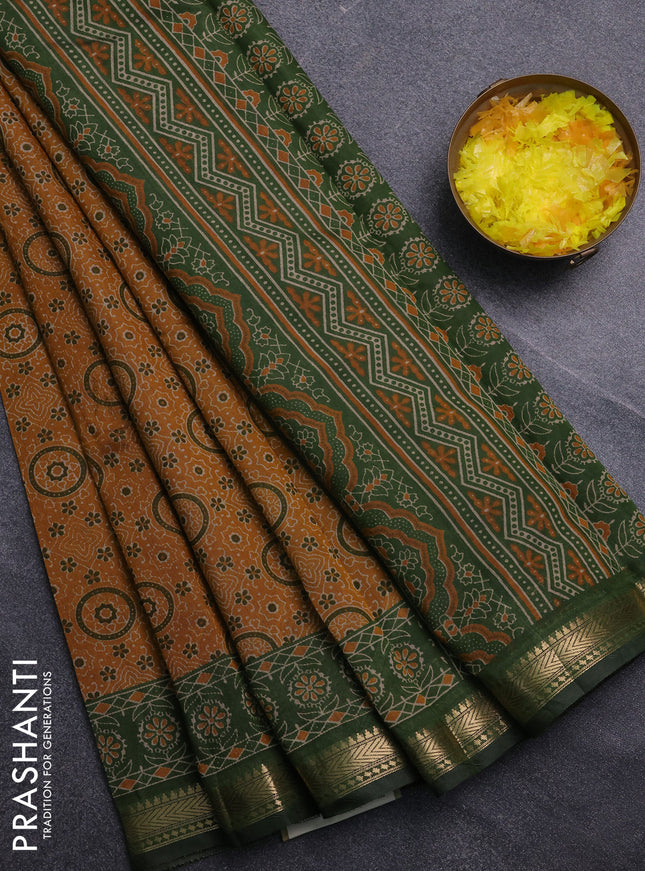 Semi maheswari cotton saree mustard yellow and sap green with allover ajrak prints and zari woven border
