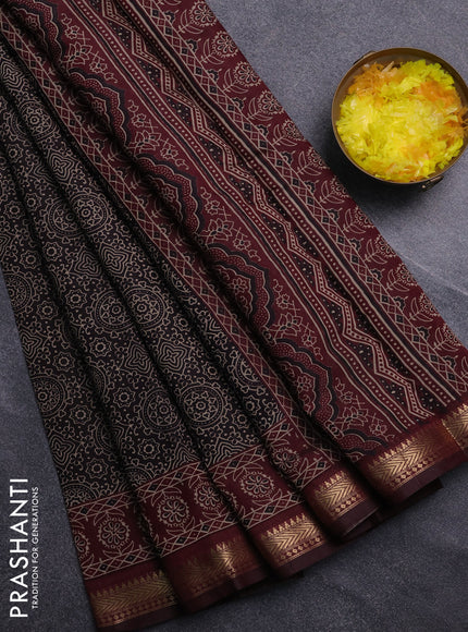 Semi maheswari cotton saree coffee brown and maroon with allover ajrak prints and zari woven border