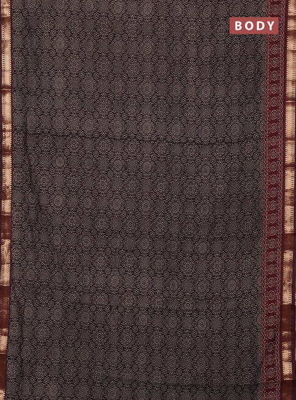 Semi maheswari cotton saree coffee brown and maroon with allover ajrak prints and zari woven border