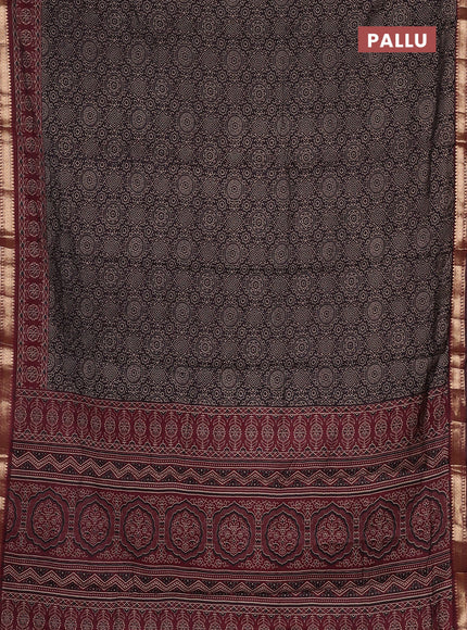 Semi maheswari cotton saree coffee brown and maroon with allover ajrak prints and zari woven border