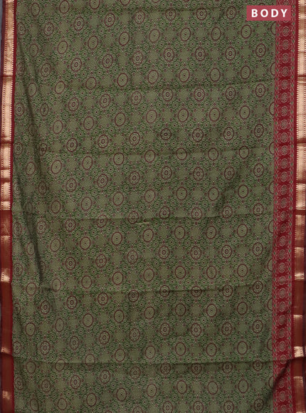 Semi maheswari cotton saree sap green and maroon with allover ajrak prints and zari woven border