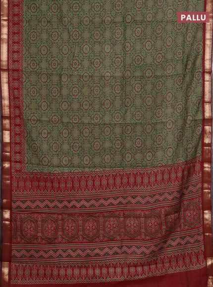 Semi maheswari cotton saree sap green and maroon with allover ajrak prints and zari woven border