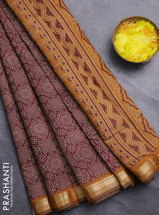 Semi maheswari cotton saree wine shade and mustard yellow with allover ajrak prints and zari woven border