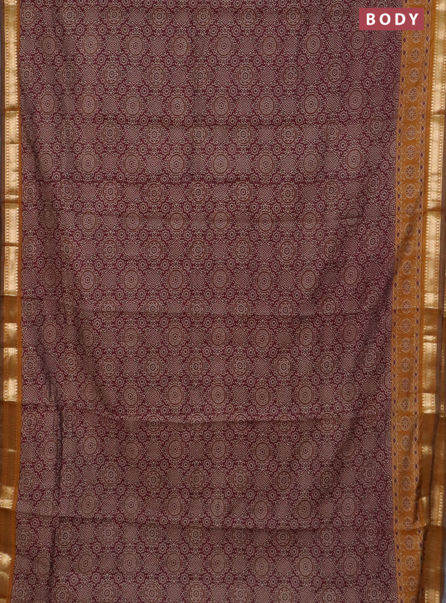 Semi maheswari cotton saree wine shade and mustard yellow with allover ajrak prints and zari woven border