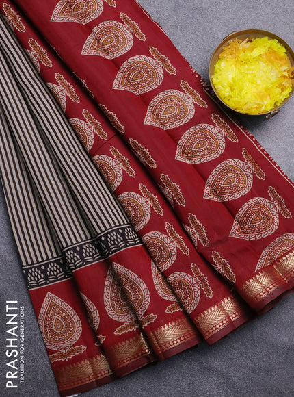 Semi maheswari cotton saree black and maroon with allover stripe pattern and zari woven border