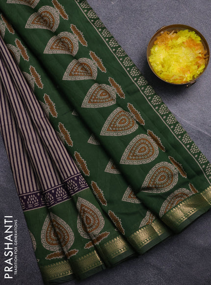 Semi maheswari cotton saree purple and sap green with allover stripe pattern and zari woven border
