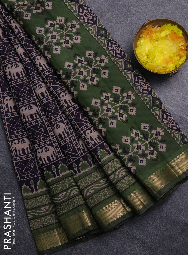 Semi maheswari cotton saree jamun shade and sap green with allover patola prints and zari woven border