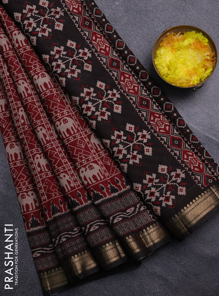 Semi maheswari cotton saree maroon and black with allover patola prints and zari woven border