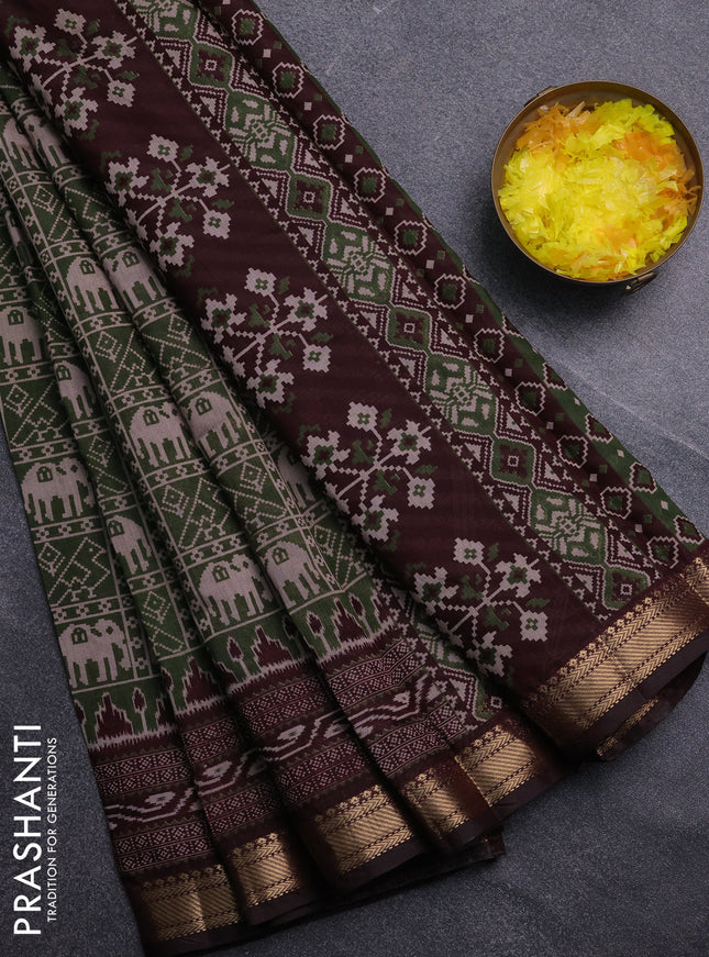 Semi maheswari cotton saree sap green and wine shade with allover patola prints and zari woven border