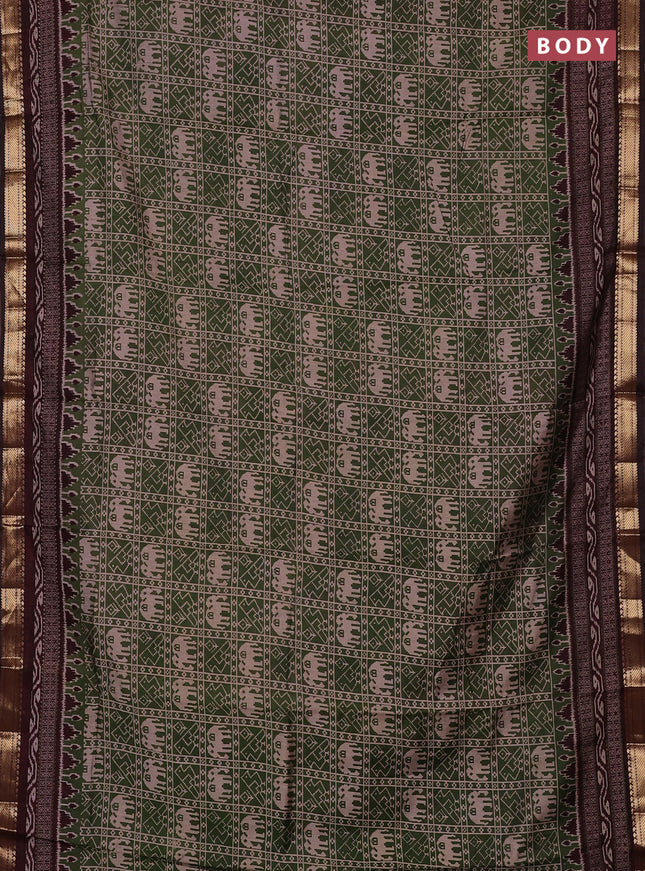 Semi maheswari cotton saree sap green and wine shade with allover patola prints and zari woven border