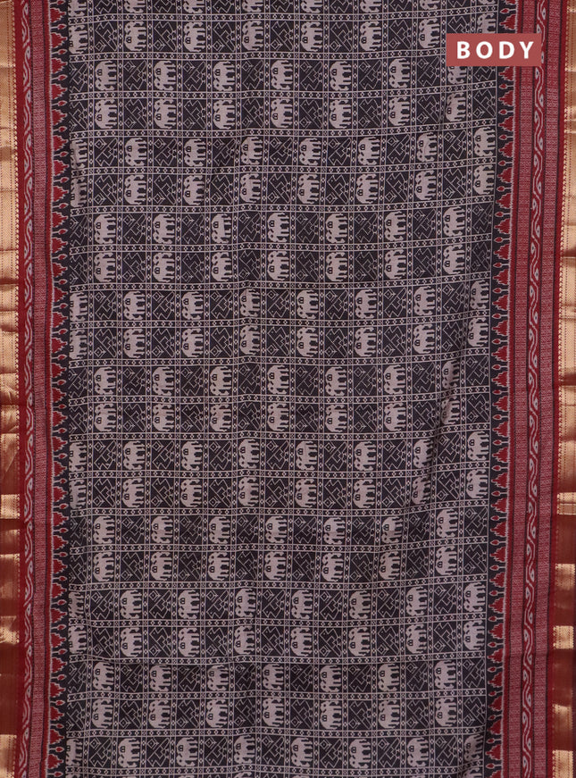 Semi maheswari cotton saree black and maroon with allover patola prints and zari woven border