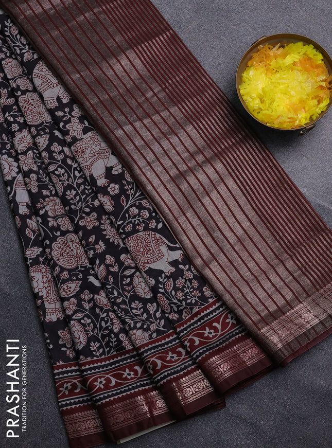 Semi maheswari cotton saree black and deep maroon with allover kalamkari prints and zari woven border