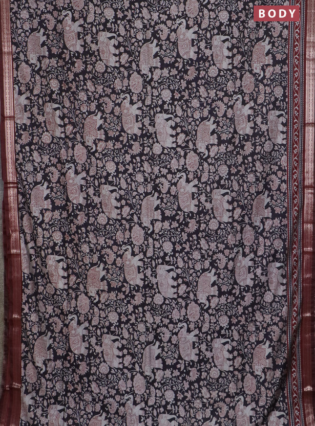 Semi maheswari cotton saree black and deep maroon with allover kalamkari prints and zari woven border