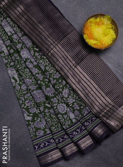 Semi maheswari cotton saree sap green and navy blue with allover kalamkari prints and zari woven border