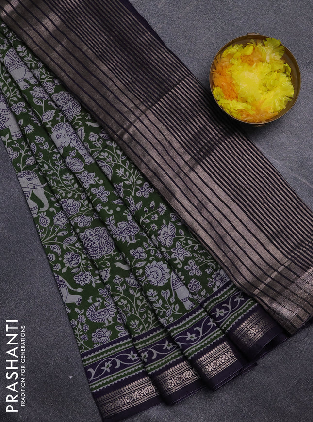 Semi maheswari cotton saree sap green and navy blue with allover kalamkari prints and zari woven border