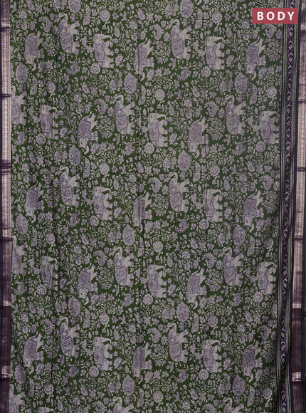 Semi maheswari cotton saree sap green and navy blue with allover kalamkari prints and zari woven border