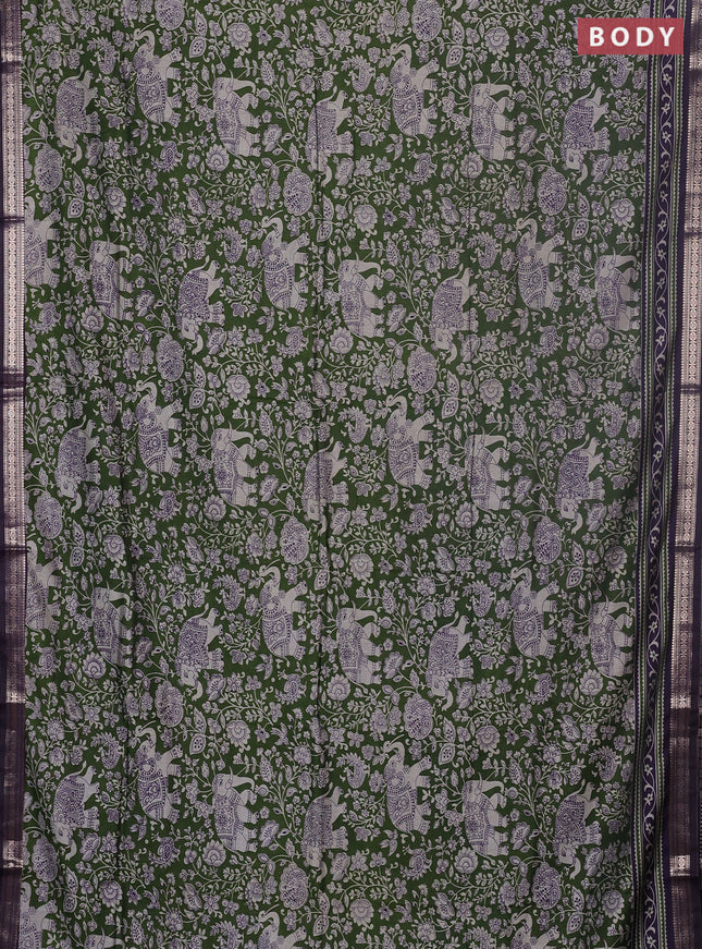 Semi maheswari cotton saree sap green and navy blue with allover kalamkari prints and zari woven border