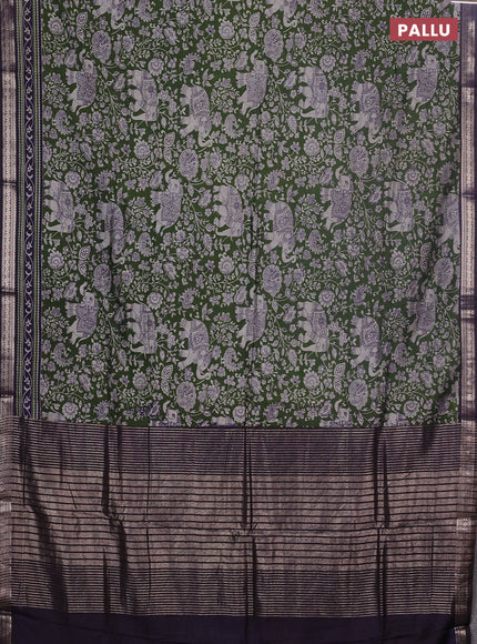 Semi maheswari cotton saree sap green and navy blue with allover kalamkari prints and zari woven border